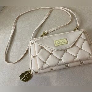 Luv Betsey by Betsey Johnson Crossbody Bag Quilted Hearts Clutch Wallet Cream